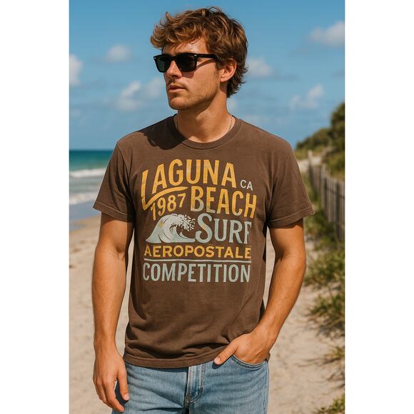 Vintage Surf Graphic Brown Tee Aeropostale Laguna Beach 1987 Competition XL - Picture 1 of 6